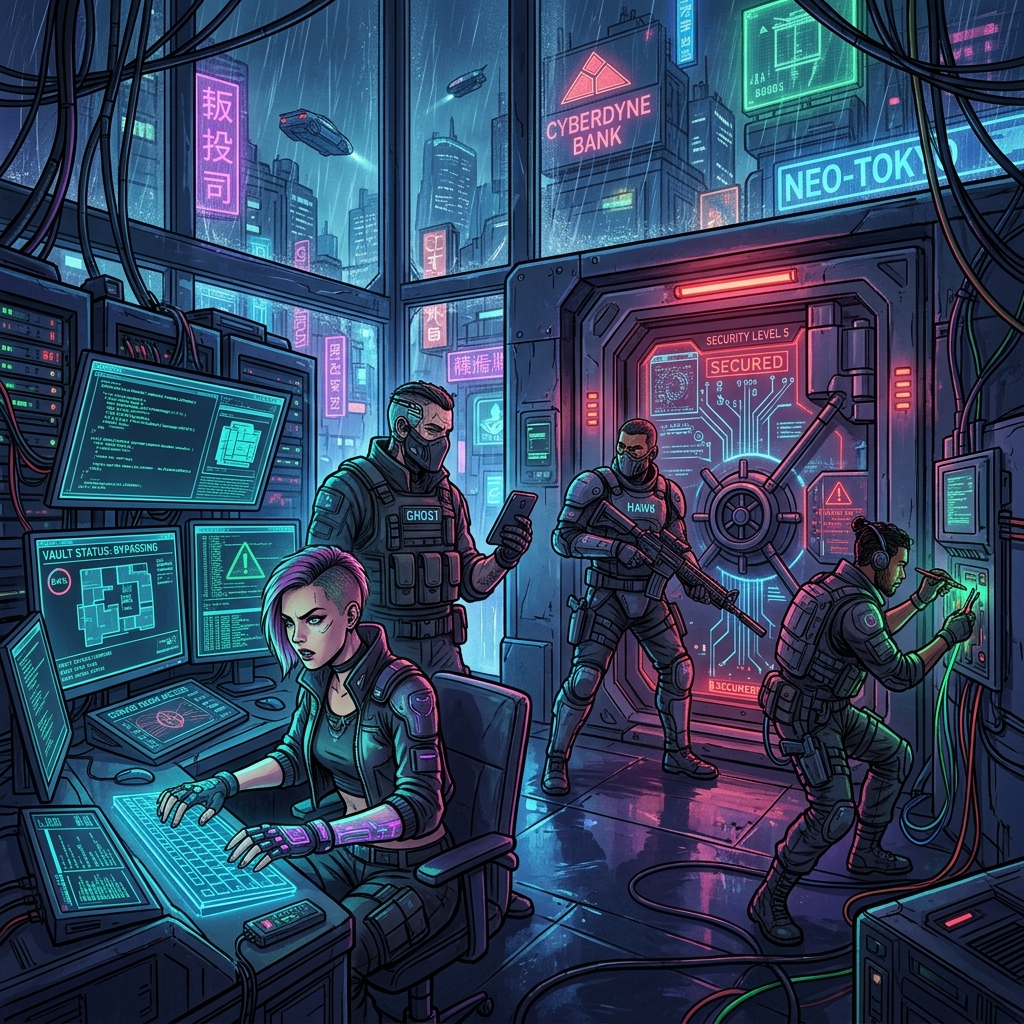 Elite cyber heist by criminals in a neon city bank setting