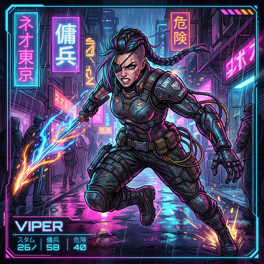 Aggressive cyber fighter female mercenary holding a glowing melee weapon
