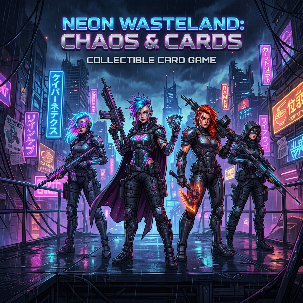 Squad of beautiful cyber mercenaries looking forward in a neon wasteland