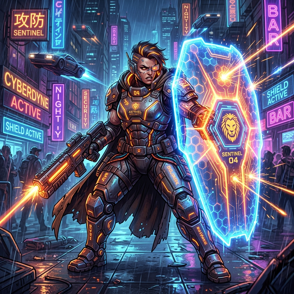 Defensive cyber sentinel powerhouse female mercenary with an energy shield